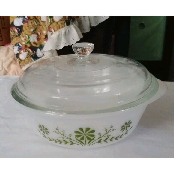 Vintage Glasbake - Green Floral Pattern 2 QT Casserole Dish J514 USA EUC - Picture 1 of 8